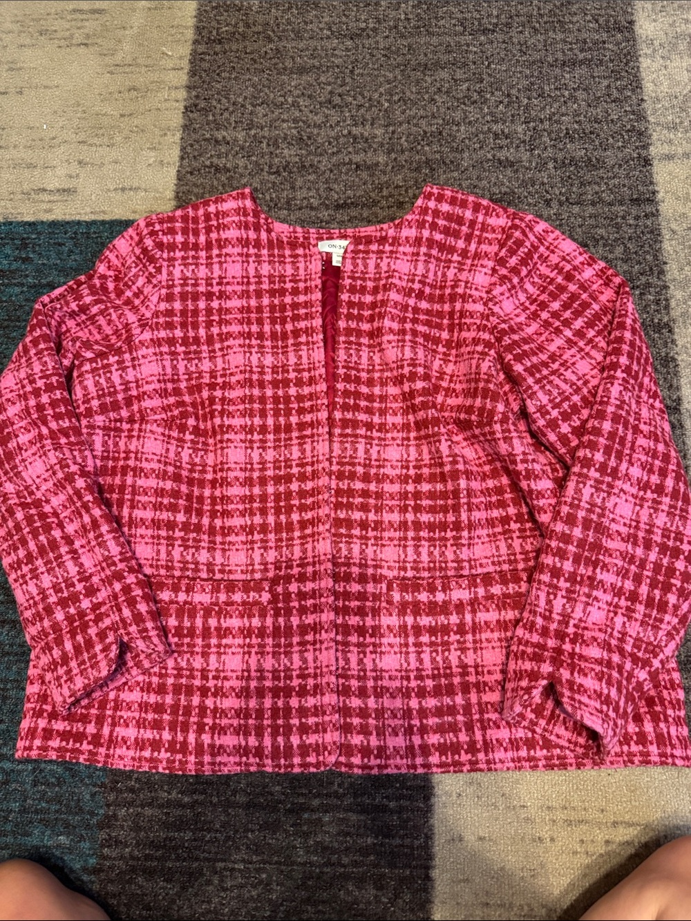 On 34th Women's Pink and Red Houndstooth Collarless Jacket